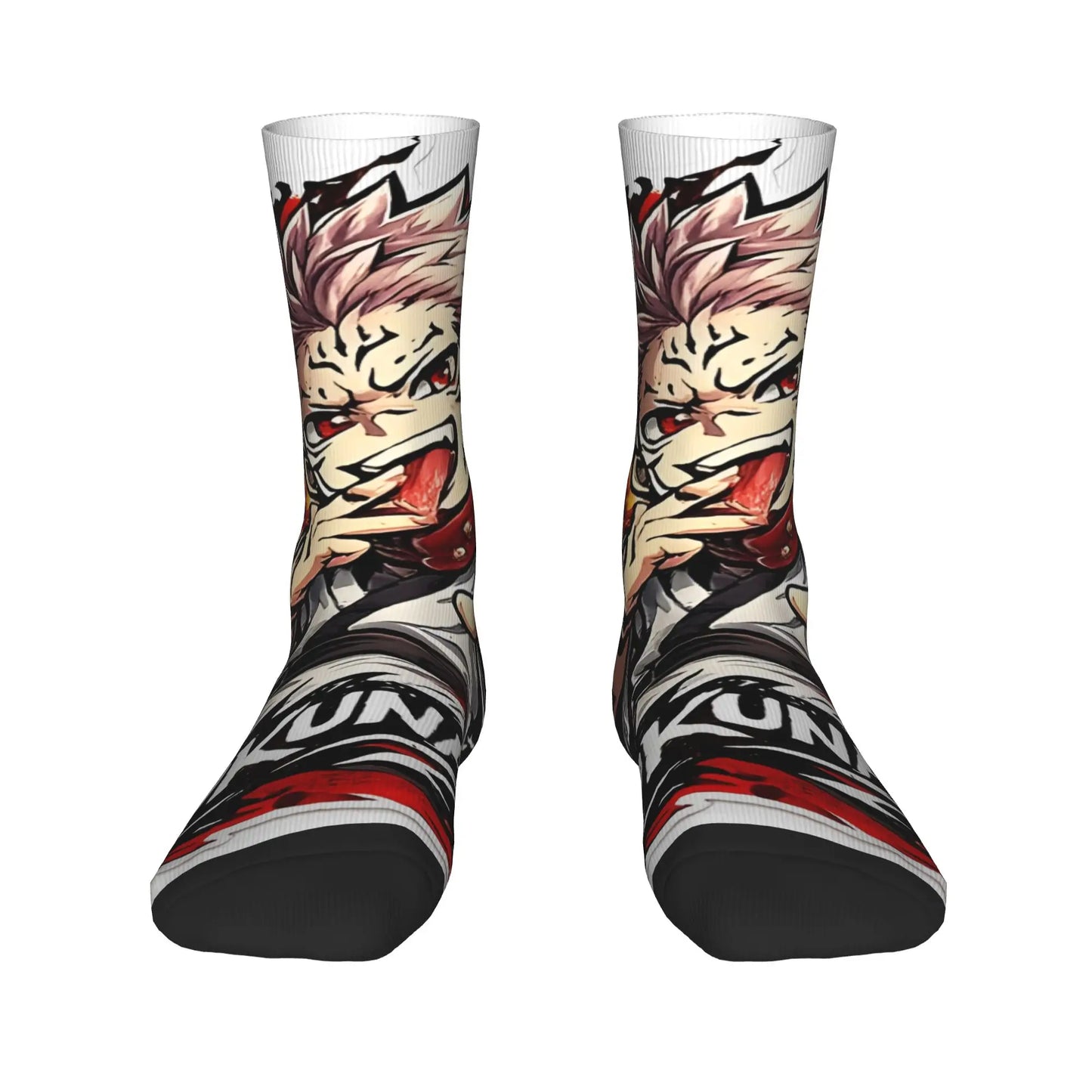 Paire de chaussettes noires et blanches à motif anime Sukuna, bord côtelé.
