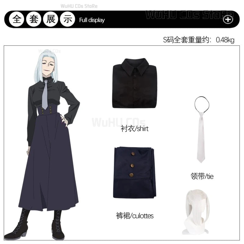 Ensemble cosplay : robe noire, chemise, jupe-culotte bleu nuit, cravate et perruque
