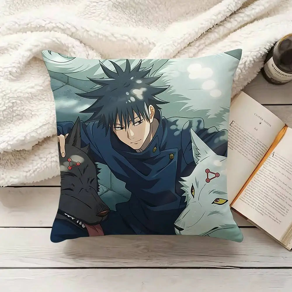Coussin carré décoratif avec personnage anime Megumi et chien de jade, tons vert bleu