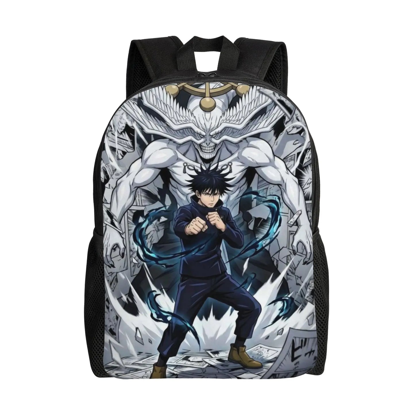 Sac à dos noir avec imprimé anime bleu et gris, personnage au centre, sangles noires