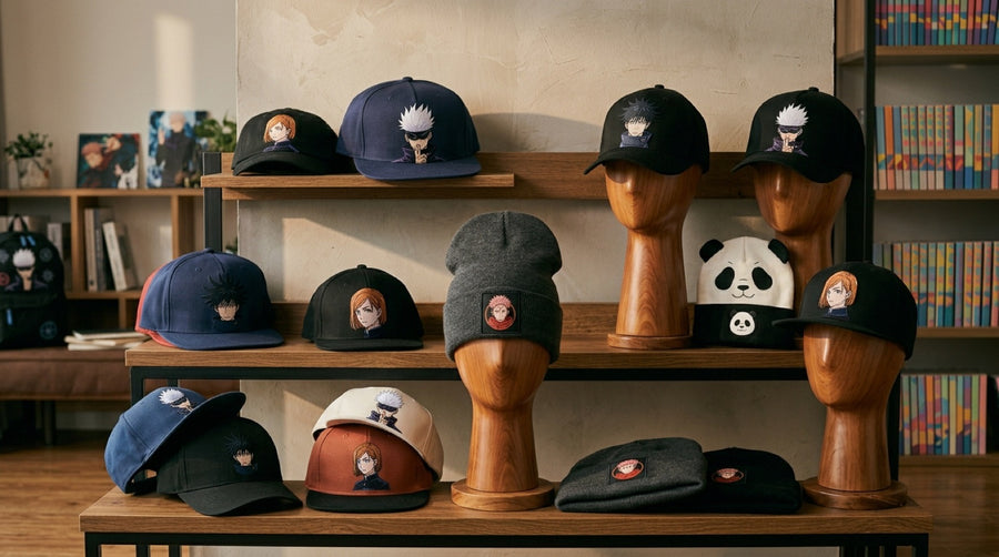 Gorras y gorros Jujutsu Kaisen expuestos en estanterías y cabezas de maniquí, motivos de Gojo, Nobara, Megumi y Panda