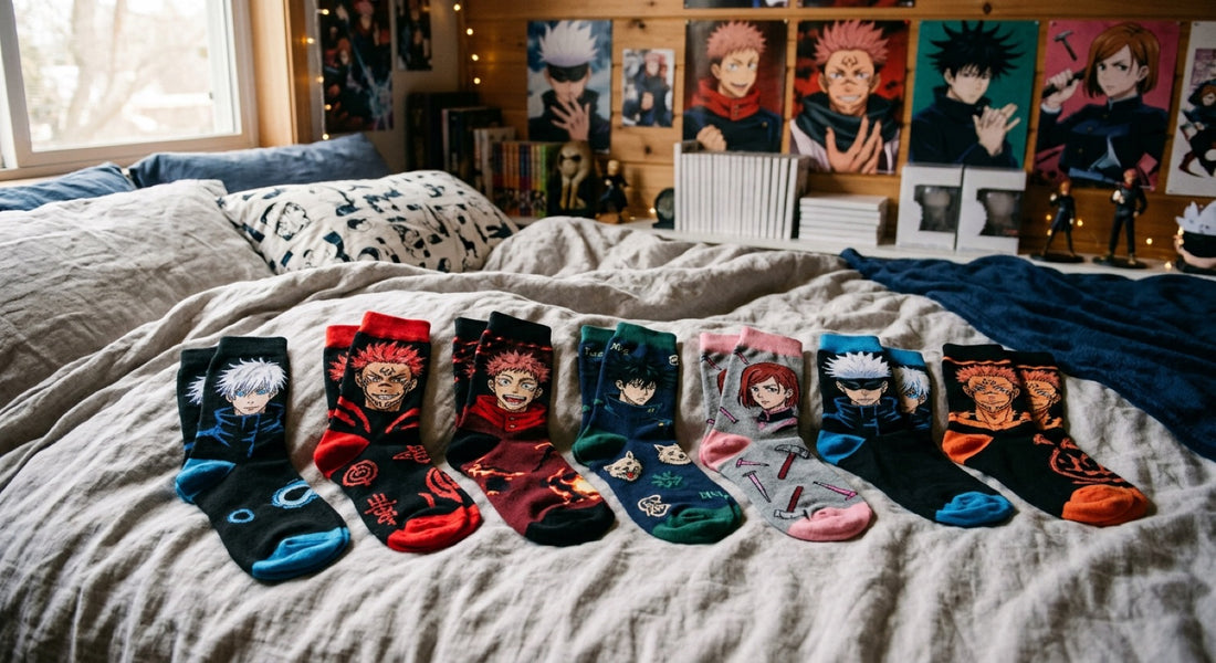 Calcetines Jujutsu Kaisen: siete pares con motivos de Gojo, Sukuna, Itadori, Megumi y Nobara colocados sobre la cama de un fan