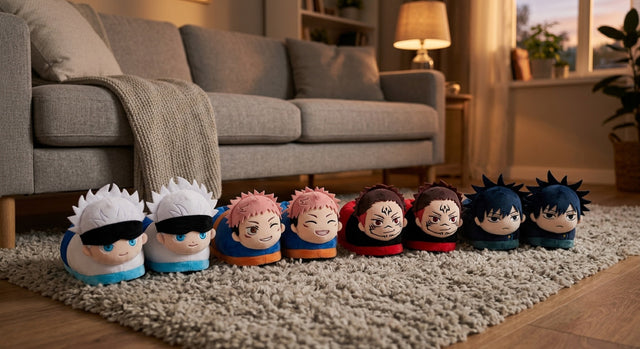 Pantuflas Jujutsu Kaisen: cuatro pares de pantuflas de peluche de Gojo, Yuji, Sukuna y Megumi sobre una alfombra de salón