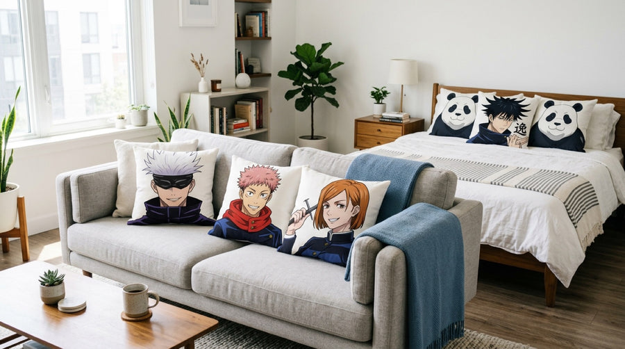 Cojines Jujutsu Kaisen sobre un sofá y una cama en un salón luminoso, motivos Gojo, Itadori, Nobara, Megumi y Panda