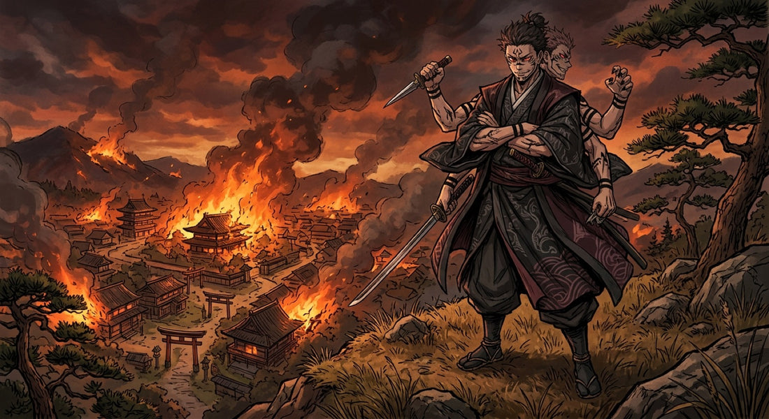 La era Heian en Jujutsu Kaisen: Sukuna como hechicero humano de cuatro brazos dominando una antigua aldea japonesa en llamas