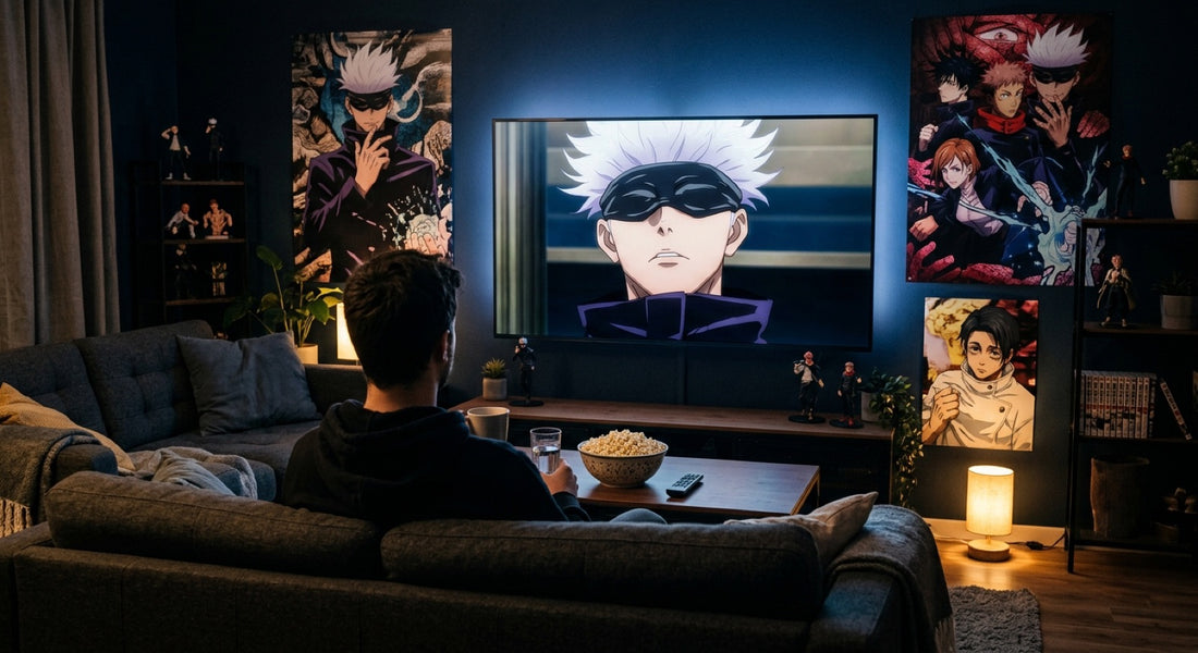 ¿Hay que ver Jujutsu Kaisen?: un fan delante de su televisor que muestra a Gojo Satoru, pósteres y figuras en el salón