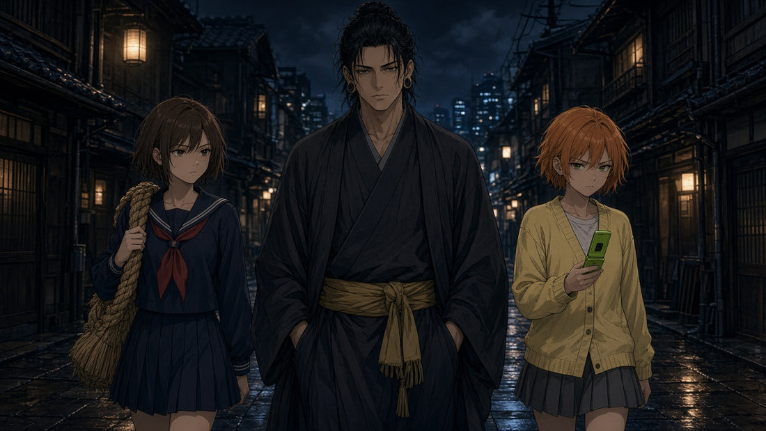 Geto con las gemelas, una lleva una cuerda, la otra un teléfono — Jujutsu Kaisen