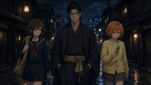 Geto con las gemelas, una lleva una cuerda, la otra un teléfono — Jujutsu Kaisen