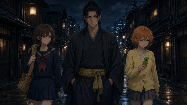 Geto con las gemelas, una lleva una cuerda, la otra un teléfono — Jujutsu Kaisen