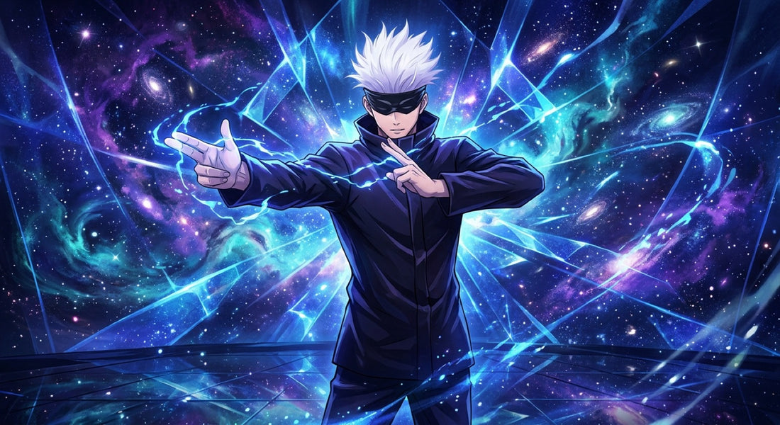 Jujutsu Kaisen en japonés: Gojo Satoru desplegando su Expansión del Dominio, espacio cósmico azul y violeta