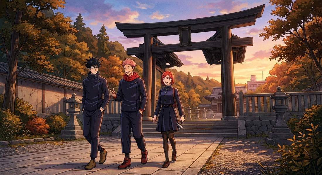 Resumen de Jujutsu Kaisen arco por arco: Yuji, Megumi y Nobara delante del torii de la escuela de hechicería de Tokio