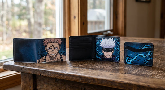 Carteras Jujutsu Kaisen: cartera plegable de Sukuna, cartera abierta de Gojo y tarjetero con motivos de energía azul sobre una mesa de madera