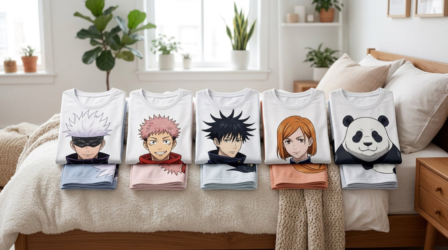 Conjuntos de pijama Jujutsu Kaisen doblados sobre una cama, motivos Gojo, Itadori, Megumi, Nobara y Panda