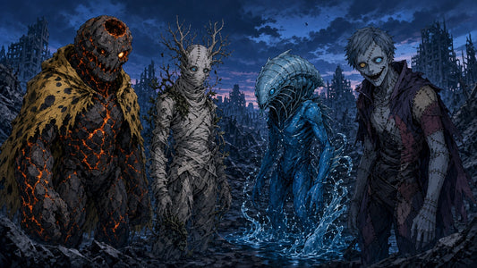 Jogo, Hanami, Dagon y Mahito lado a lado en una ciudad en ruinas — Jujutsu Kaisen