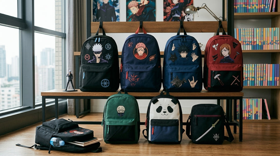 Mochilas Jujutsu Kaisen alineadas en un perchero delante de una ventana, motivos de Gojo, Itadori, Megumi y Nobara