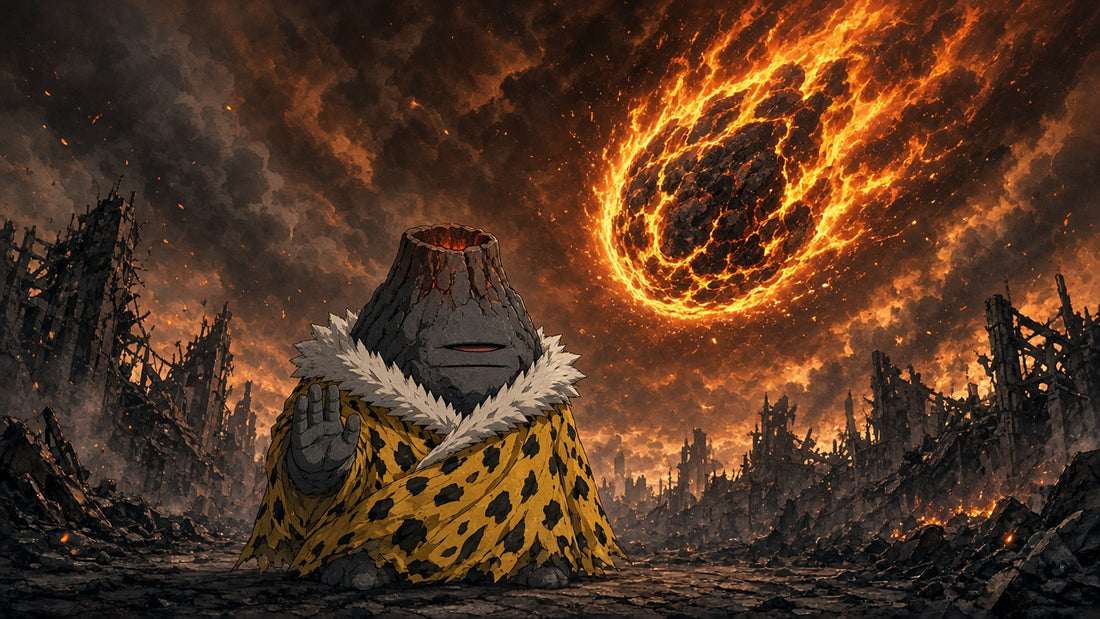 Jogo con capa amarilla bajo un meteoro de fuego, técnica máxima — Jujutsu Kaisen