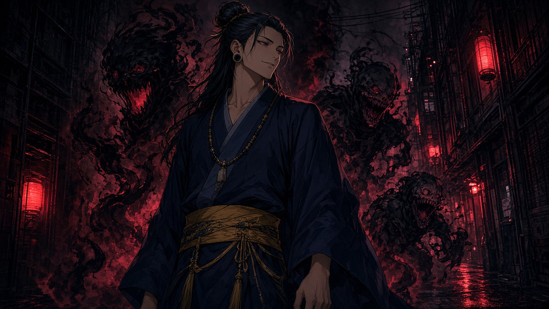 Suguru Geto con kimono en un callejón rojo, con maldiciones a su alrededor — Jujutsu Kaisen