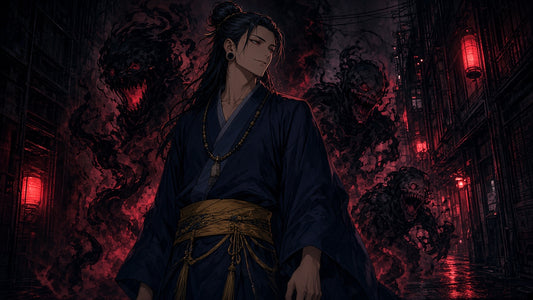 Suguru Geto con kimono en un callejón rojo, con maldiciones a su alrededor — Jujutsu Kaisen