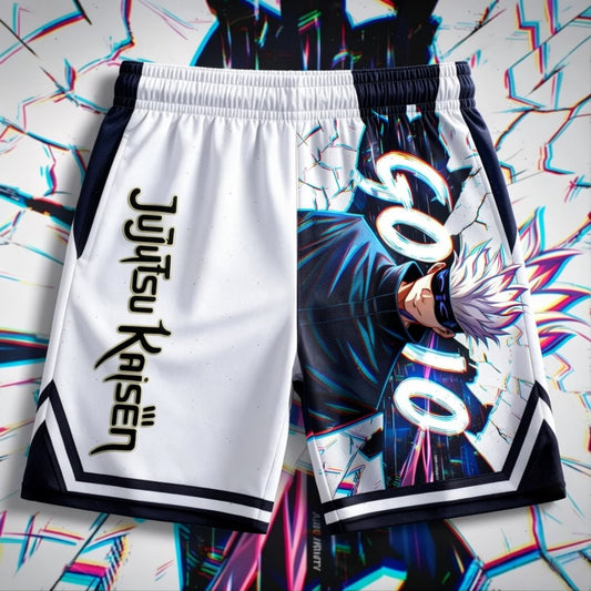 Short blanc à taille élastique, grand imprimé anime bleu et noir, texte vertical.