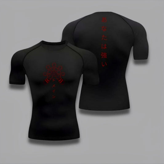 T-shirt de compression noir à manches courtes, impression rouge sur le devant