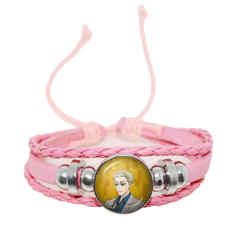Bracelet Jujutsu Kaisen Kyoto rose tressé, cabochon rond portrait lunettes, finitions argentées