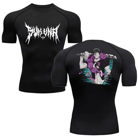 T-shirt compression noir Jujutsu Kaisen Toji, imprimé devant et dos, manches courtes