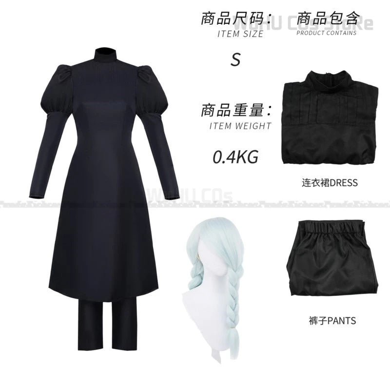 Ensemble déguisement : robe noire à col montant, manches bouffantes et pantalon assorti