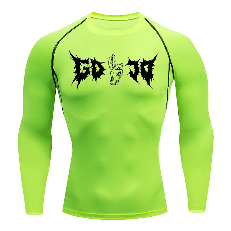 T-shirt de compression vert fluo à manches longues, imprimé noir et jaune au centre.