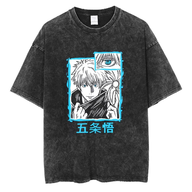 T-shirt Jujutsu Kaisen Gojo Cadre Bleu Oeil : noir délavé avec impression manga cadre bleu et portrait aux yeux bleus