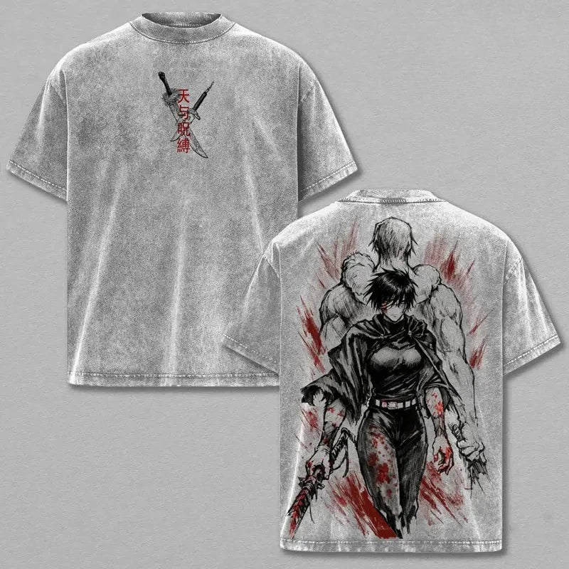 T-shirt gris col rond, motif au dos avec personnages et éclaboussures rouges