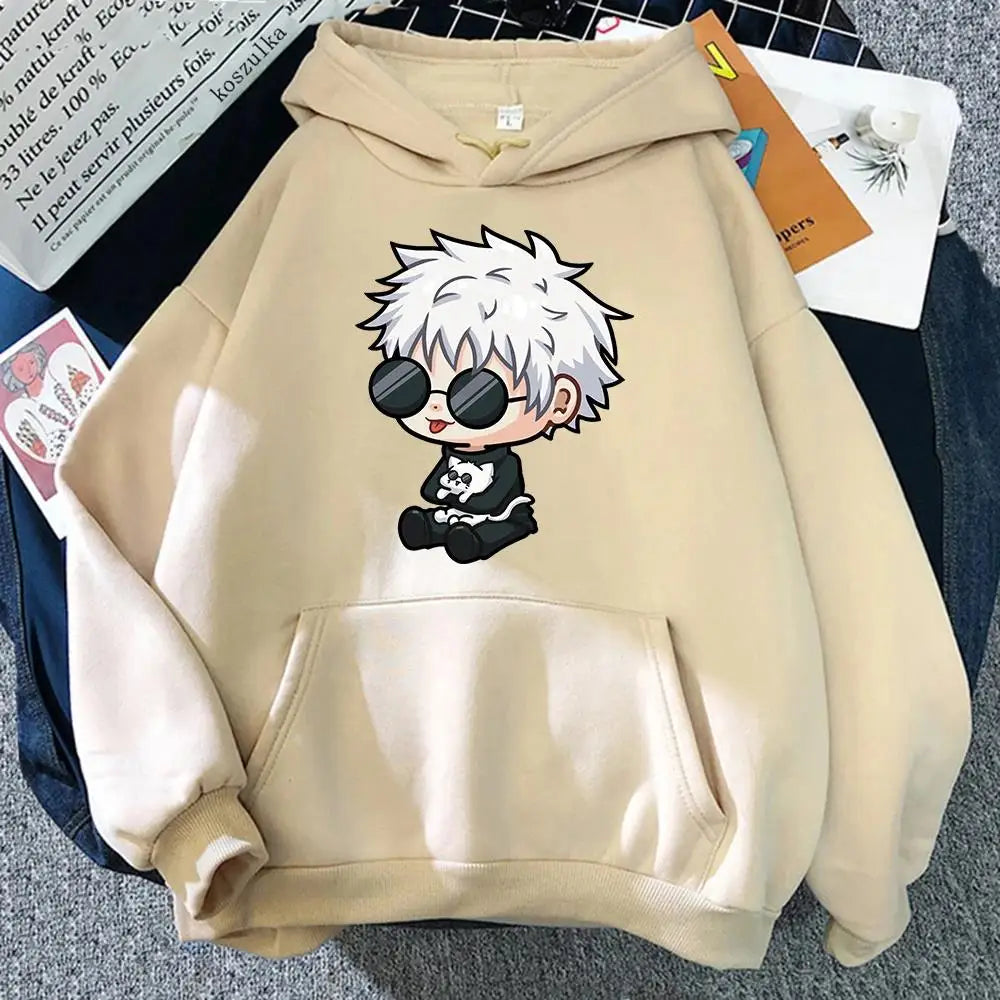Cream/beige hooded sweatshirt with kangaroo pocket, drawstring hood, and character graphic