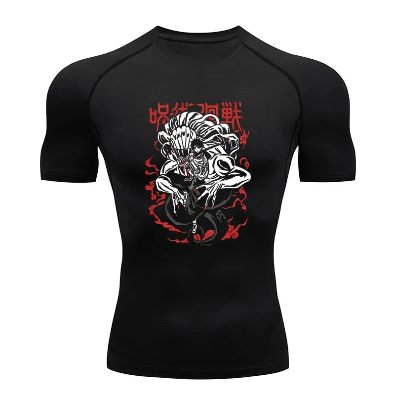T-shirt de compression noir avec grand visuel au centre et manches courtes