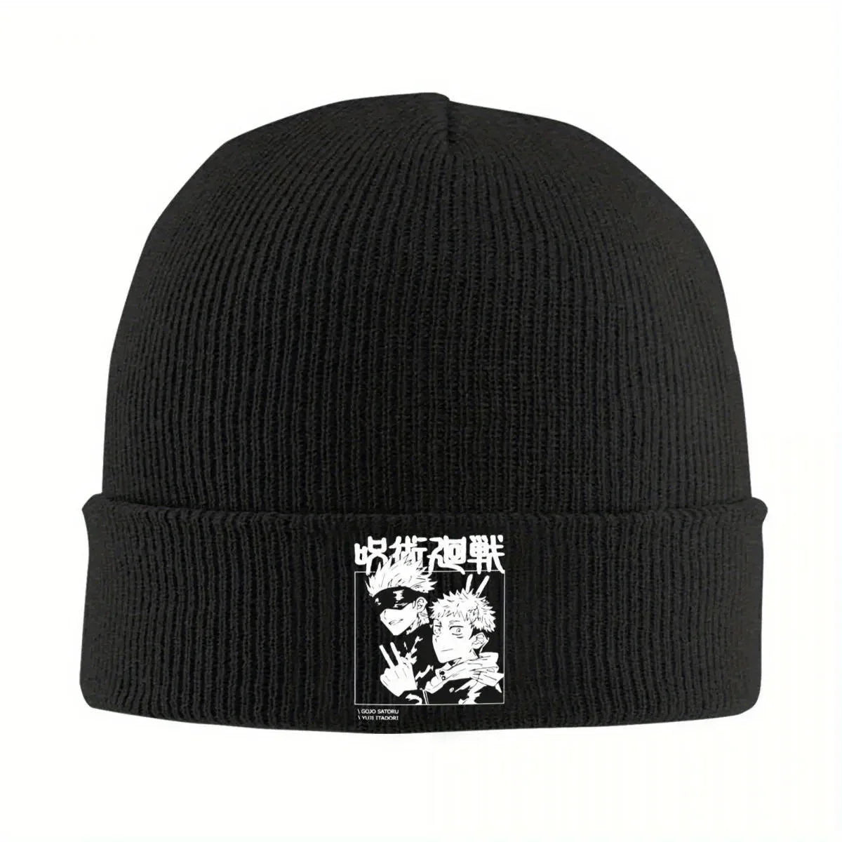Bonnet en maille noire avec revers côtelé et patch imprimé