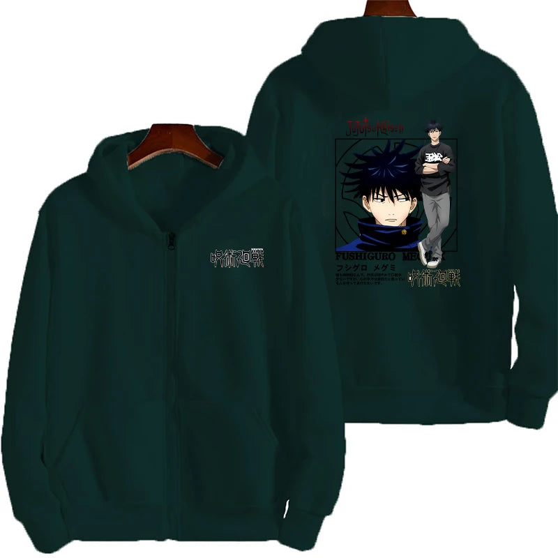 Veste à capuche zippée vert foncé, imprimé manga sur le panneau arrière.
