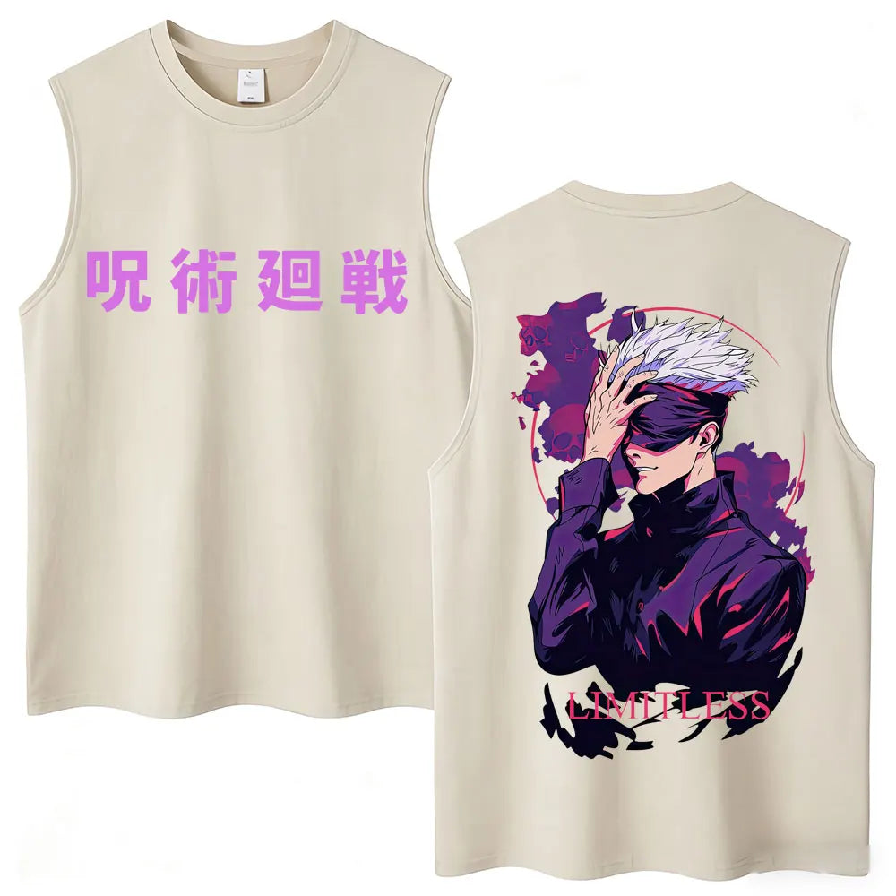 Débardeur Jujutsu Kaisen Gojo Limitless Violet : beige sans manches avec grand visuel violet et texte « LIMITLESS ».