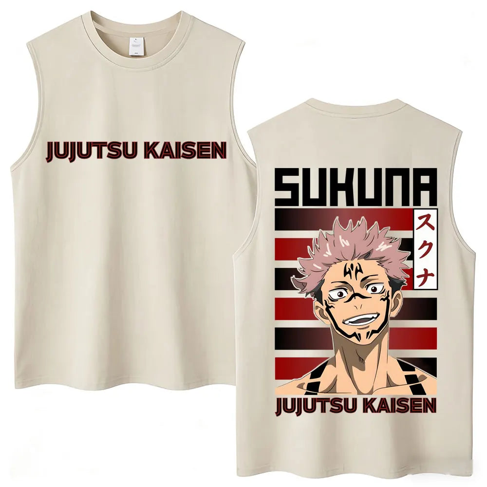 Débardeur beige sans manches avec portrait Sukuna imprimé Jujutsu Kaisen sur l’avant et le dos