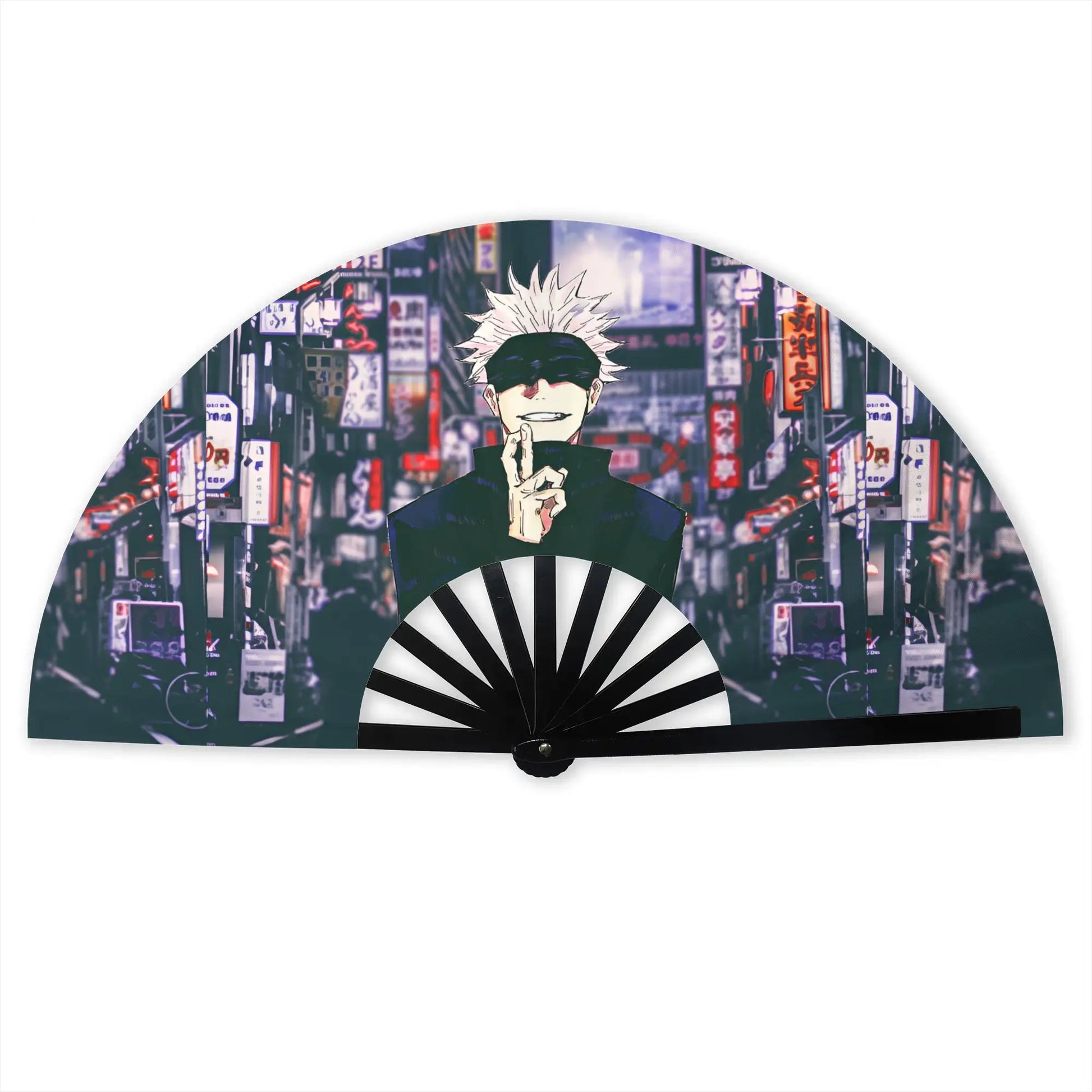 Éventail pliable à motifs anime, fond urbain, personnage, nervures noires et blanches