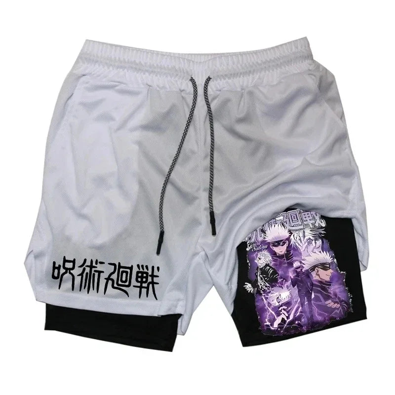 Short Jujutsu Kaisen Gojo Gris Violet Duo : gris clair avec cordon, poche double et imprimé manga violet sur la jambe