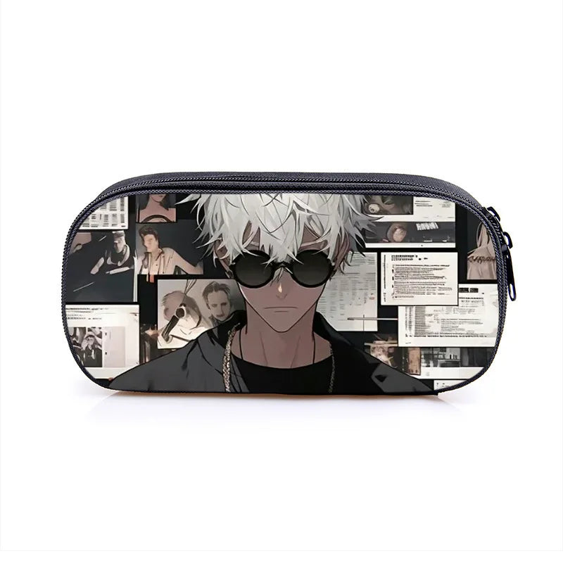 Trousse à fermeture éclair, motif anime avec personnage aux cheveux blancs.