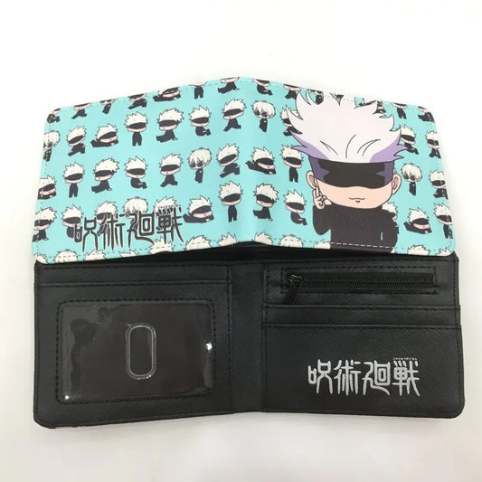 Porte-feuilles noir et bleu clair, motif chibi, fenêtre d’identification et poche zippée