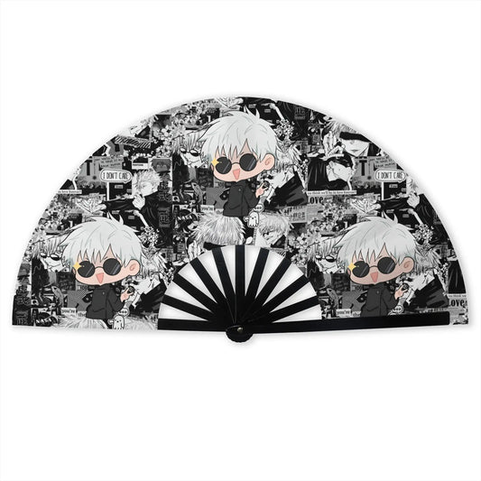 Éventail pliant noir et blanc chibi Gojo, lunettes, motif imprimé