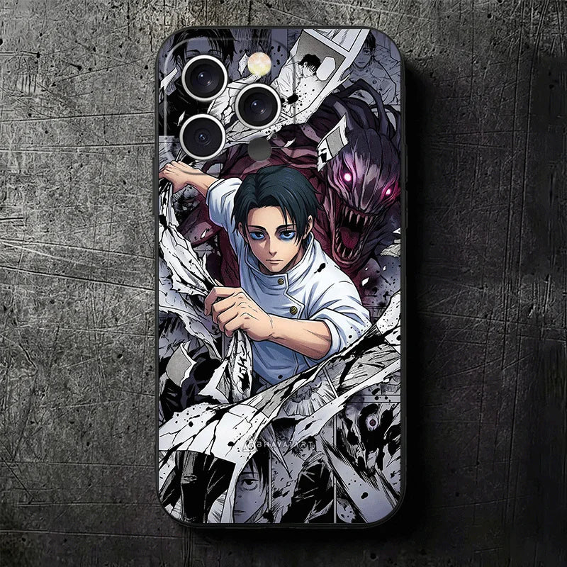 Coque iPhone noire avec motif Jujutsu Kaisen Reine des Fléaux x Yuta, personnages et ailettes