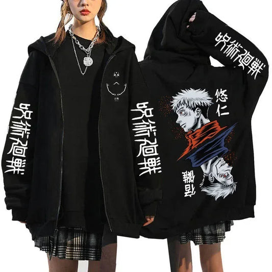 Chaqueta con capucha negra con estampado Yuji Kanji Yujin en la espalda y delante.