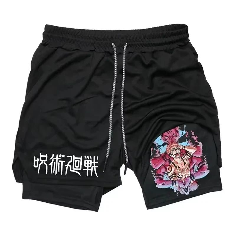 Short noir avec cordon de serrage et poche, motif graphique démon au côté.