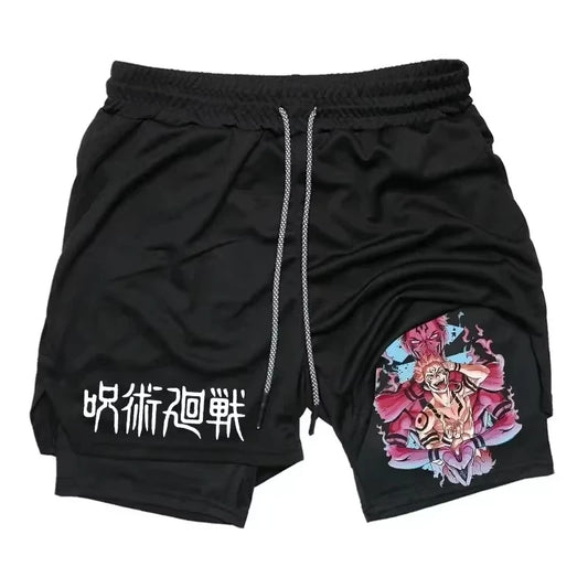 Short noir avec cordon de serrage et poche, motif graphique démon au côté.