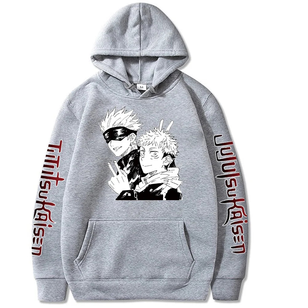 Hoodie gris chiné à capuche, visuel de personnages sur la poitrine et poche kangourou