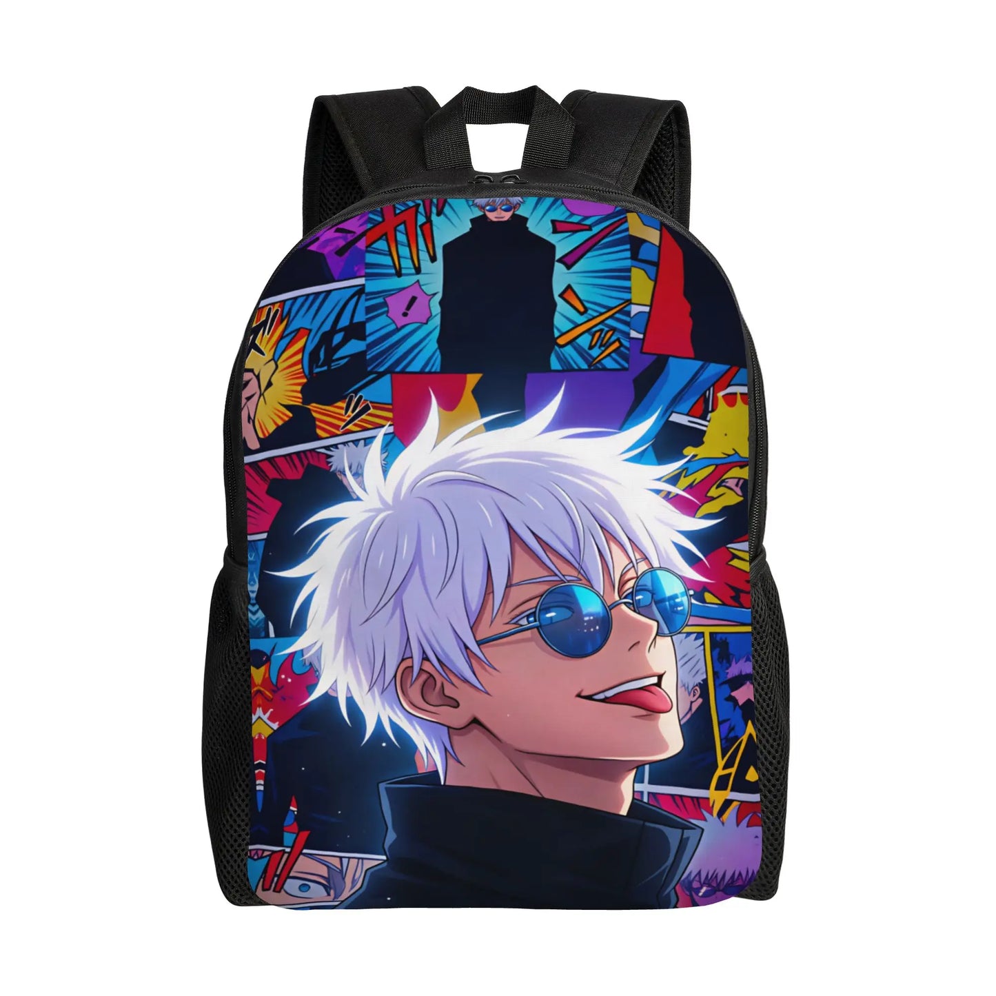 Sac à dos Jujutsu Kaisen Gojo, motif tête lunettes rondes, bretelles noires