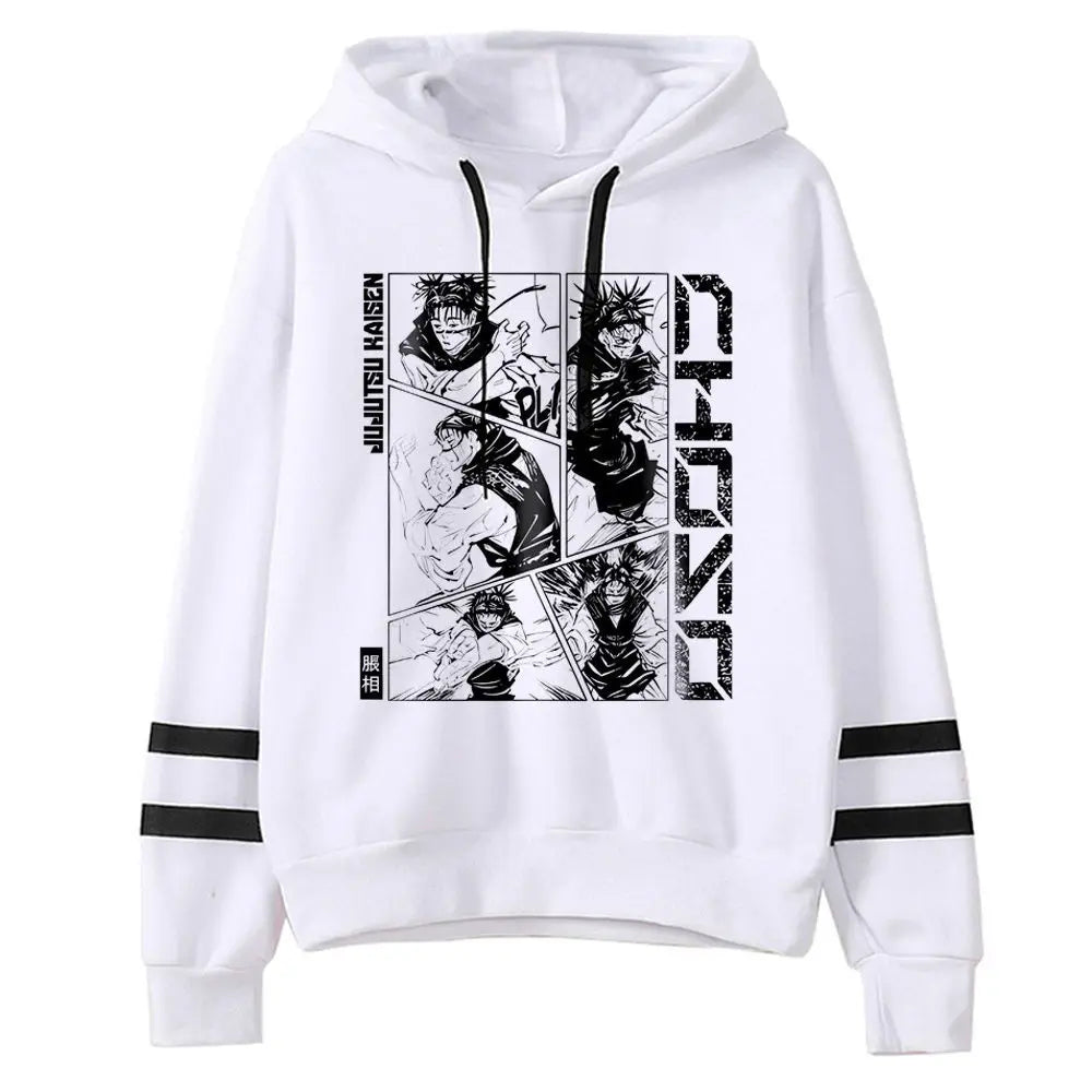 Pull Jujutsu Kaisen Choso Planche Manga Noir et Blanc : à capuche blanc avec impression manga noir et blanc et bandes noires sur les manches