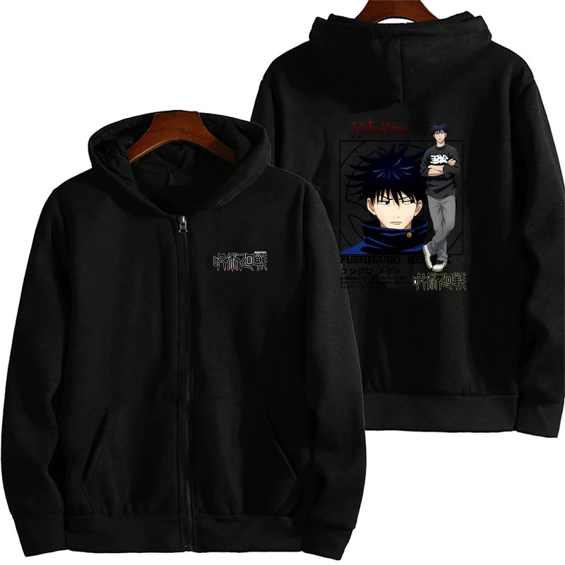 Veste à capuche zippée noire, imprimé manga sur le panneau arrière.