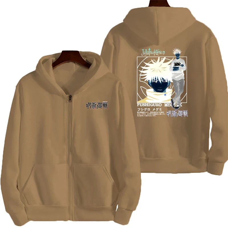 Veste à capuche zippée beige avec imprimé blanc personnage devant et au dos
